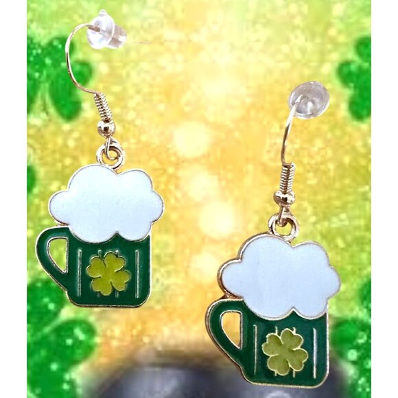 St Patricks Day Earrings Beer Four Leaf Clover Dangle Hooks Parade New F… - Picture 3 of 11